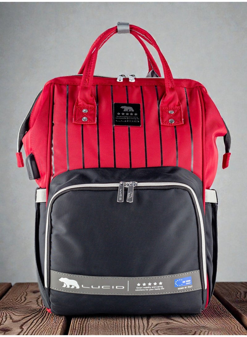 LUCID Custom LUCID USB Charging Multifunctional Waterproof Backpack Diaper Bag for Baby- Red. - Image 2